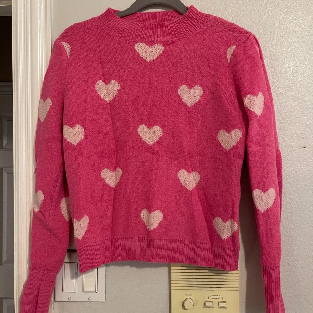 SHEIN Pink and White Heart Sweater
